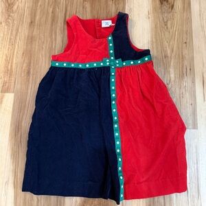 Red and Navy Sleeveless Dress with Green Polka Dot Trim